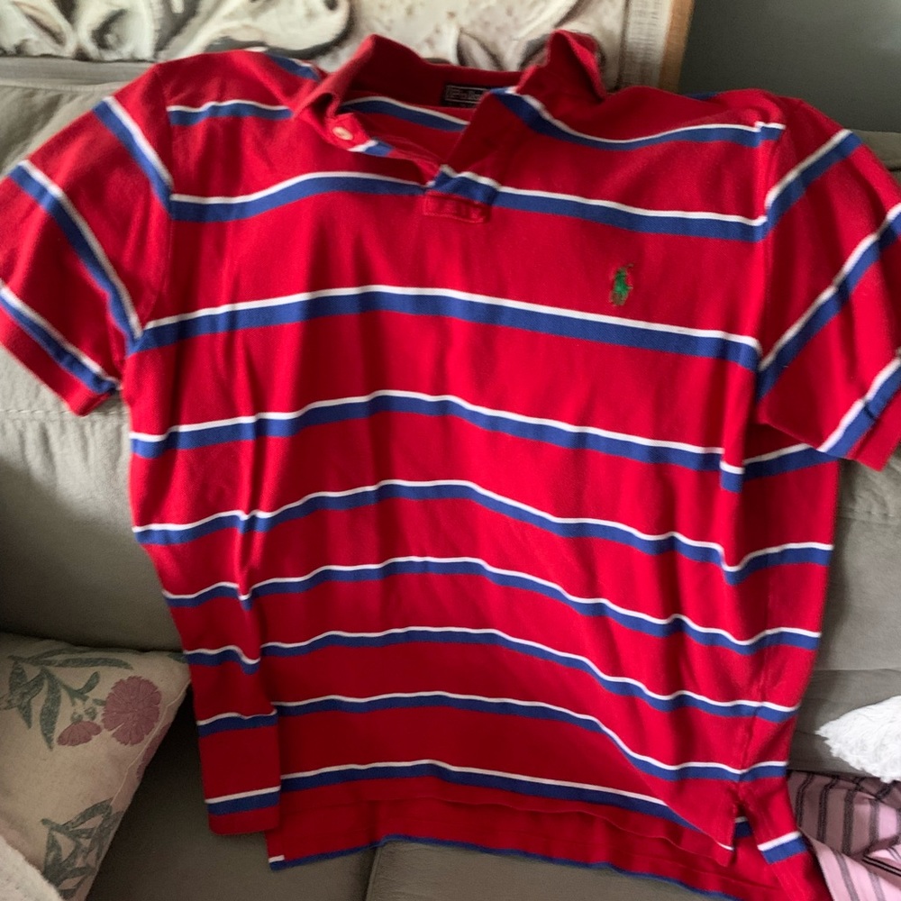 Red Blue and White polo with green Logo
